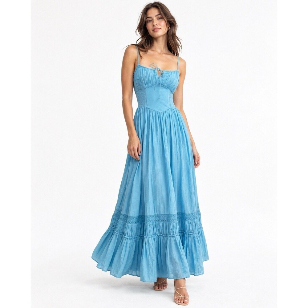American Eagle Blue Corset Smocked Maxi Dress Lace Trim Size Small